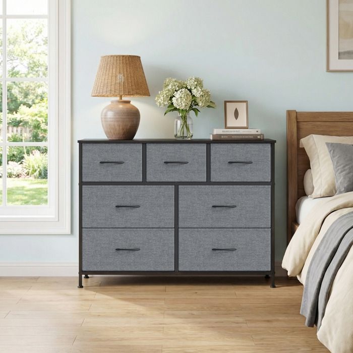 Commode de chambre 7 Tiroirs en Tissu Non-tissé Gris