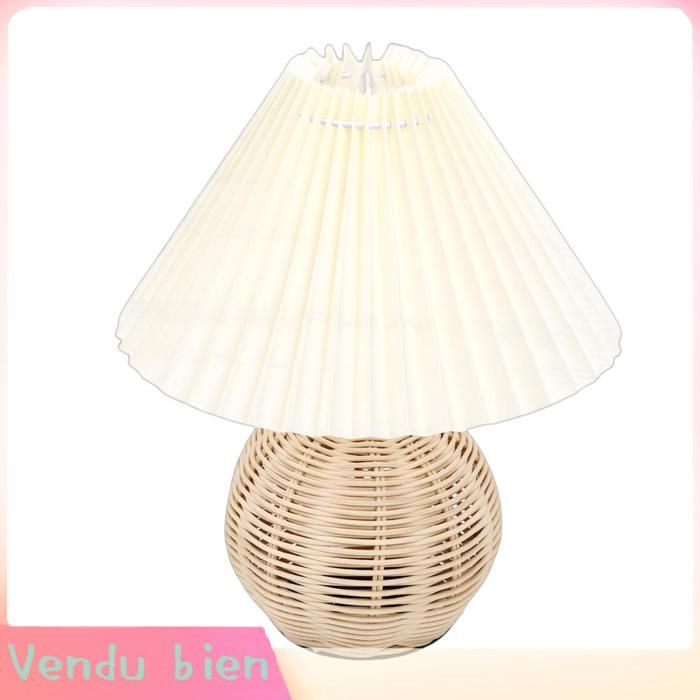 Garosa lampe de bureau plissée Lampe de Table plissée abat-jour en lin jaune doux Base en rotin lampe de chevet deco Beige