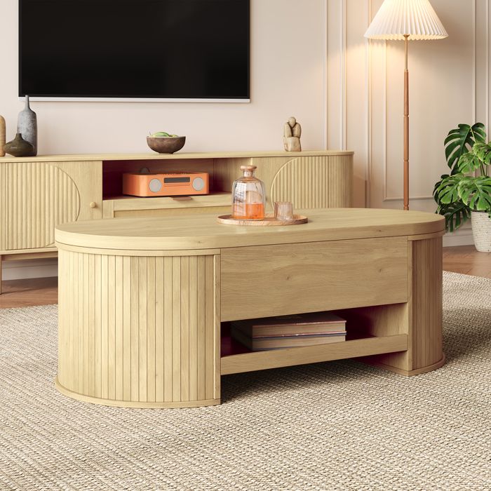MODENUIT Table Basse 110x555x40-55 cm avec Plateau Relevable et Étagère Coulissante Design Multifonctionnel Couleur Naturelle