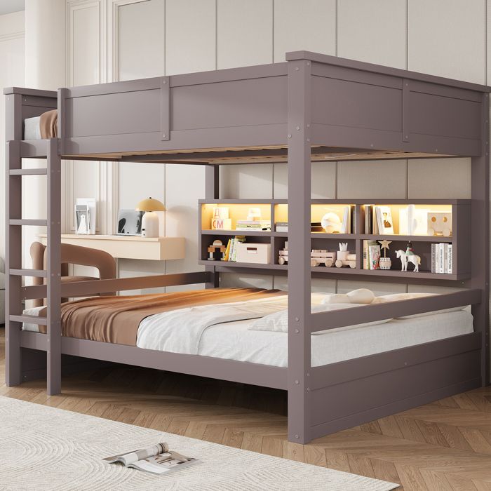HOMVRA Lit Ssuperposé 160x200 cm - Lit Enfant avec Compartiments de Rangements et Éclairage LED - Sommier Inclus - Marron
