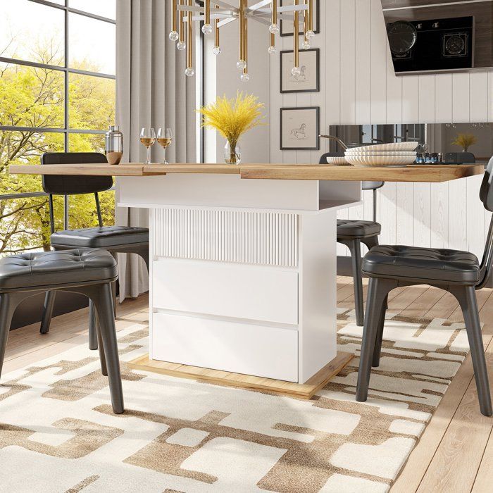 Table à manger extensible 110-140x80 cm blanc effet bois table de cuisine 4-6 places rangement caché sous plateau