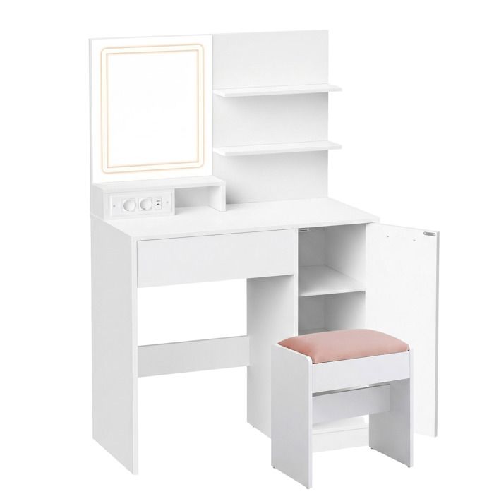 Coiffeuse avec Miroir LED Tabouret Tiroir Étagères Réglables Espace Beauté Blanc