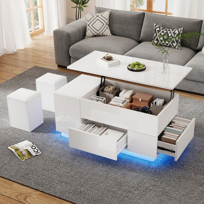 Table basse - MINIMAL - MINIMAL HOME - LED réglable - 2 tiroirs - 2 tabourets Table basse - MINIMAL - MINIMAL HOME - LED réglable - 2 tiroirs - 2 tabourets