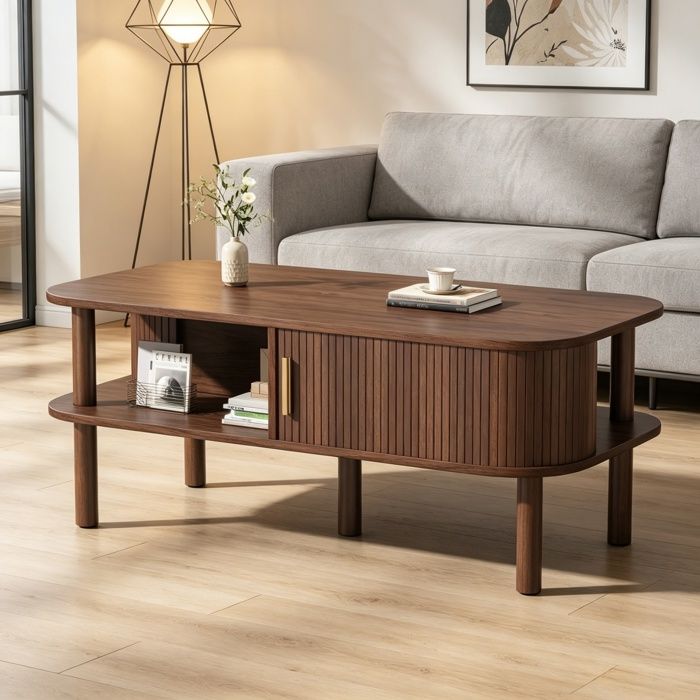 Piaenon - Table basse rectangulaire 110×55×45 cm meuble de salon avec portes et compartiments de rangement - noyer