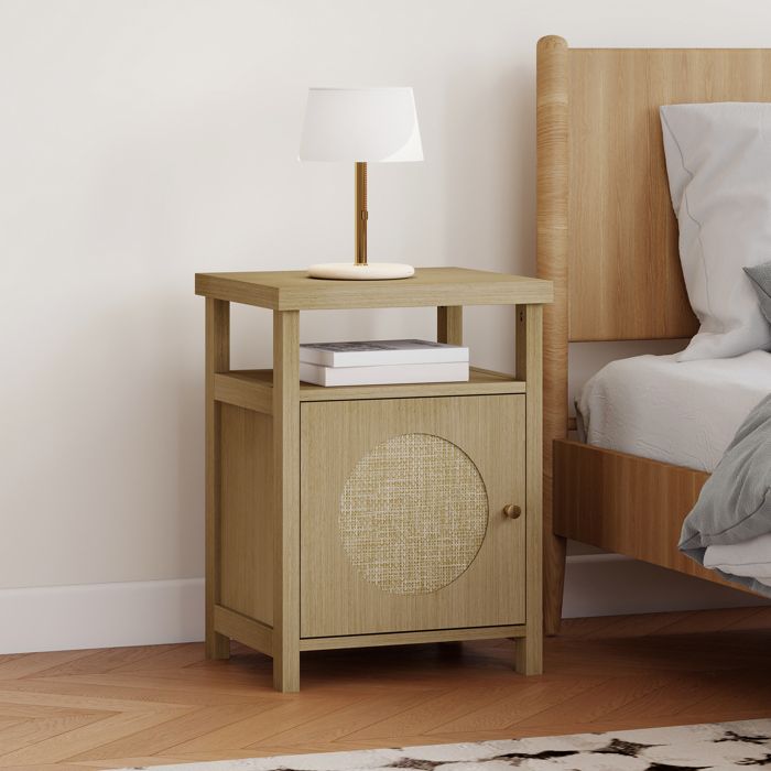 Table de chevet - Rotin - Porte en rotin - Bouton doré - 40 x 35 x 55 cm