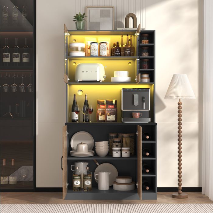 Buffet de cuisine 100 x 47 x 187 cm avec LED niche micro-ondes passe-câbles verre renforcé gris et naturel