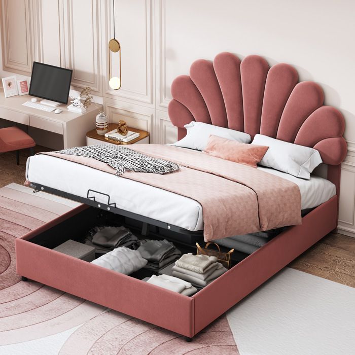 COVREO Lit coffre 140x200 cm velours rose avec tête de lit florale réglable et sommier à lattes