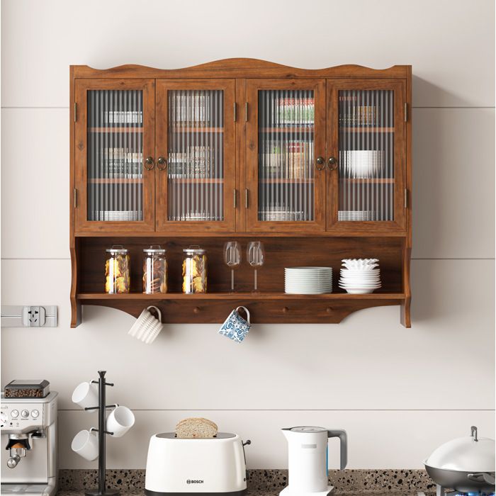 Armoire Murale Rétro 4 Portes avec Étagères Amovibles et Espace Ouvert - YEAVIO - Cuisine et Salle de Bain Marron