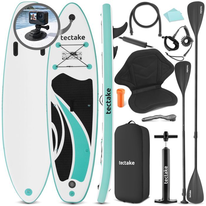 Planche de stand-up paddle - TECTAKE - SUP gonflable PALAGIOS Kit complet 2en1 avec support pour caméra - Blanc/Turquoise