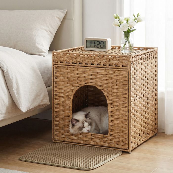 Meuble Litière pour Chat en Résine Tressée Style Bohème avec Plateau Amovible 52 5 x 52 5 x 56 cm Jaune