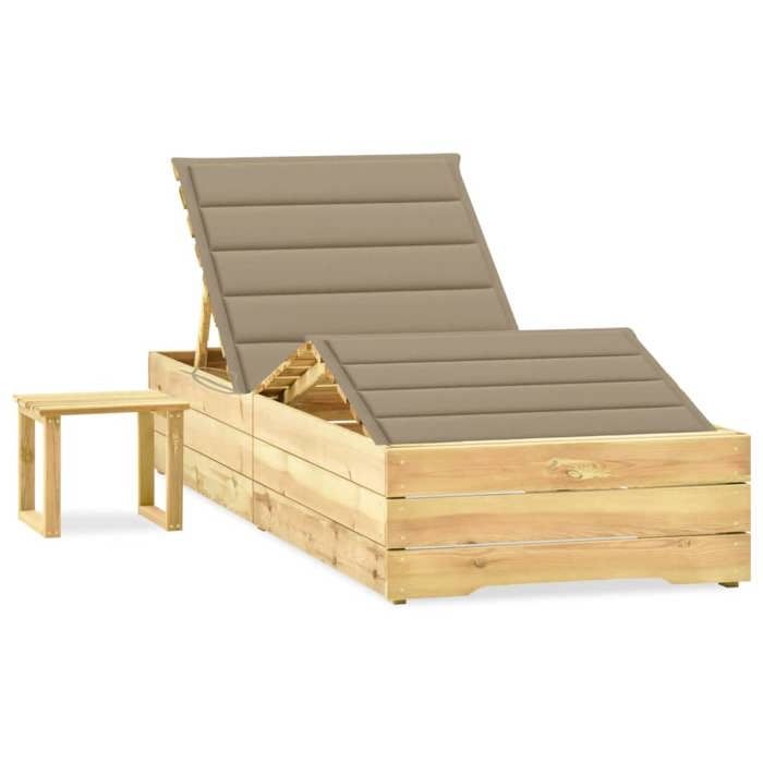 Beige Chaise longue de jardin avec table et coussin Pin imprégné - Siège de balcon LV61201