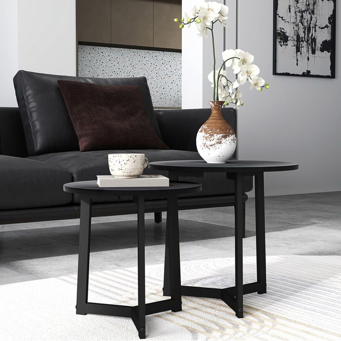 Lot de 2 table basse ronde noire 48 cm et 40 cm en métal et MDF mélaminé modulable pour salon JOINERY