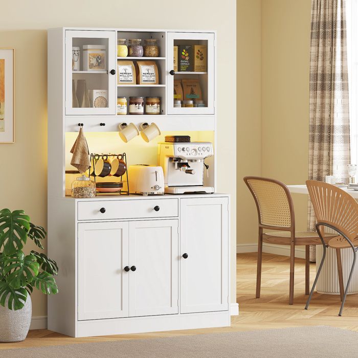 Meuble de rangement - Armoire haute LED - Bandes RGBW 16 couleurs - Portes vitrées & tiroir - MDF laqué blanc 103x40x180 cm