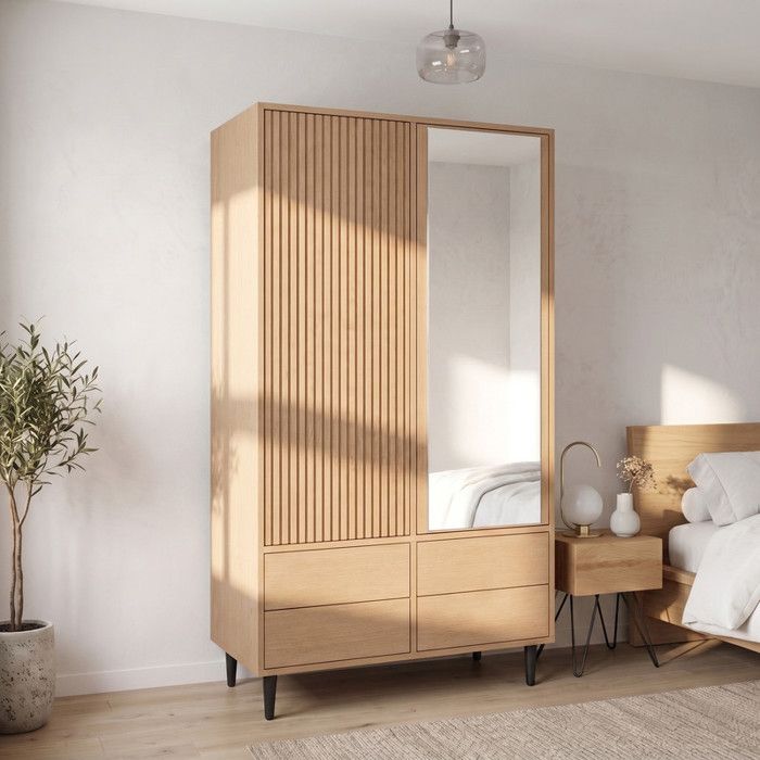 Armoire de aspect chêne avec 2 portes armoire avec miroir 200x90x45cm 1 tringle à vêtements 4 compartiments 4 tiroir Pour chambre