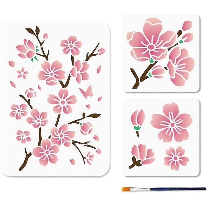 Lot de 3 pochoirs de fleurs de cerisier (5 9 × 5 9 pouces / 11 7 × 8 3 pouces) pochoir de branche fleurie A4 gabarit en plastique