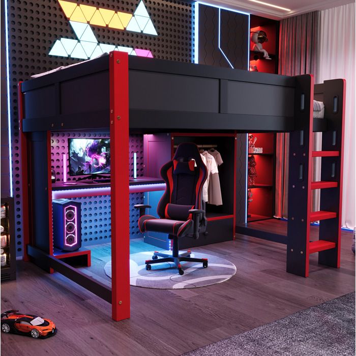 Lit Surélevé 140x200cm LED Esports Noir+Rouge Bureau Schrank