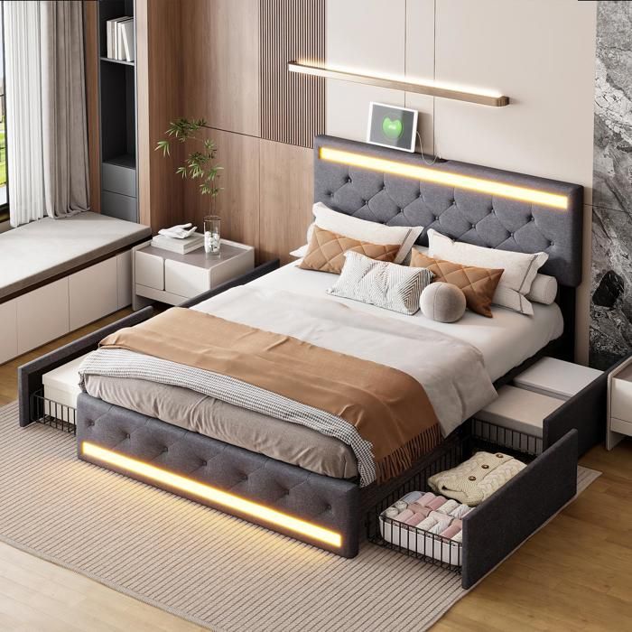 Lit 160x200cm - Lit double 160x200cm avec 4 tiroirs - Lit adulte rembourré en lin LED prises USB Type-C et sommier - Gris