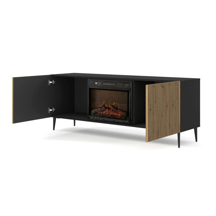 Meuble TV avec cheminée électrique Ravenna F 170 cm 2 portes rainurées - noir mat et chêne artisan