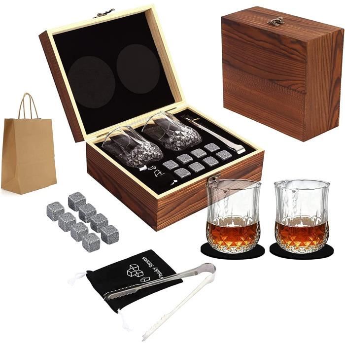 Coffret Cadeau Whisky Avec 2 Verres Et 6 Pierres De Refroidissement - Boîte Bois Vintage Pour Amateurs