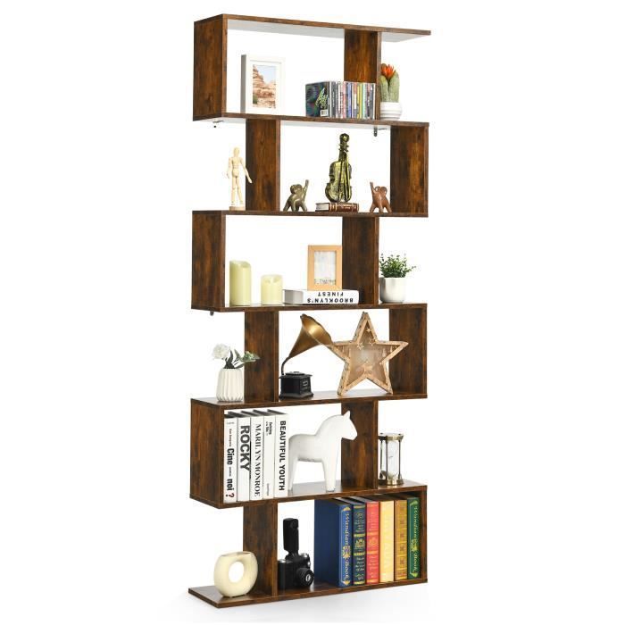 COSTWAY Bibliothèque Industrielle à 6 Niveaux 80 x 23 x 192 CM Étagère de Rangement en Forme de S avec Pieds antidérapants Marron