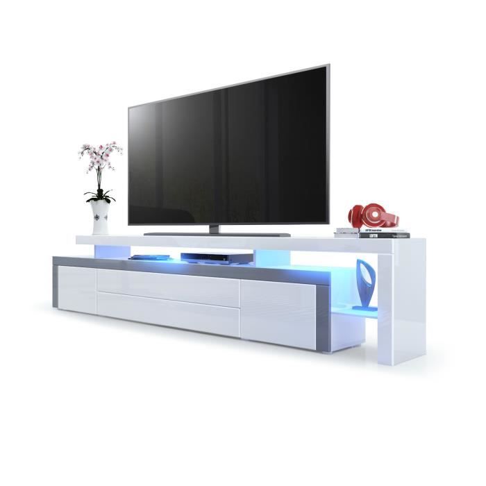 vladon meuble tv bas leon v3 en blanc haute brillance - façades en blanc haute brillance avec une bodure en gris haute brillance