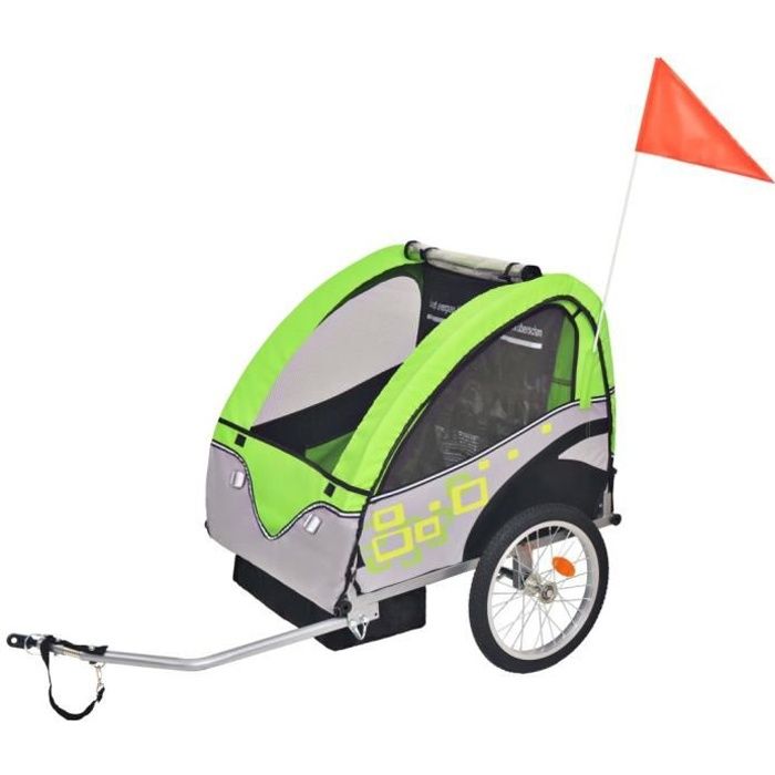 Remorque de vélo poussette de bébé pour enfants Gris et vert 30 kg