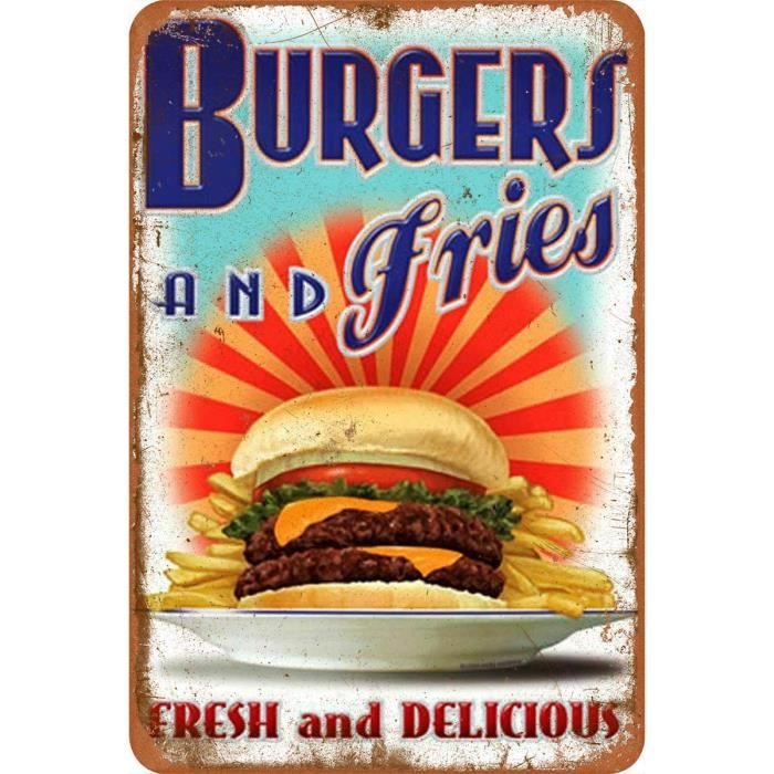 Pour menu de nourriture américaine XREE Plaque en métal vintage avec inscription « Burger Fries » 30 x 40 cm