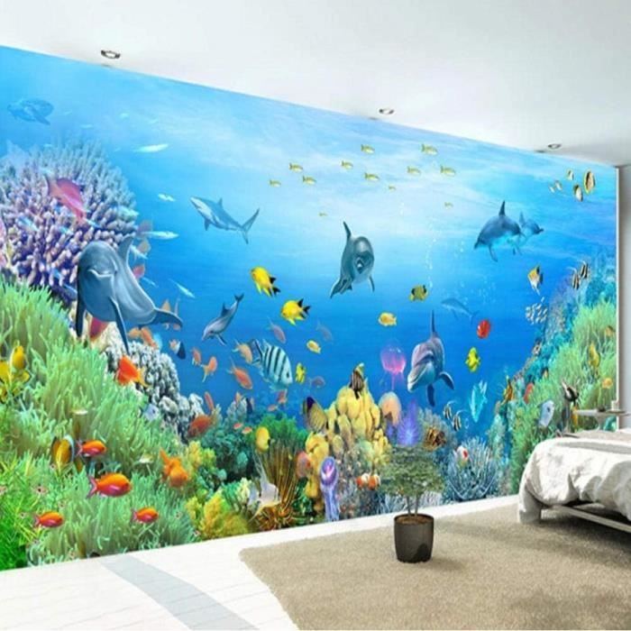 Papier Peint 3D Aquarium Dauphin Poisson Rouge Corail Photo Mural Effet Mur Photos Moderne Intissé Décoration Murale XXL 400x280cm