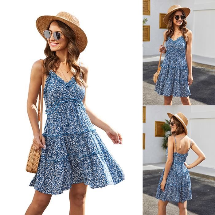 Robe a Fleurs pour Femmes de Plage D ete Decontractees Robes a Bretelles sexy Taille europeenne Robes bleu bleu Cdiscount Pret a Porter