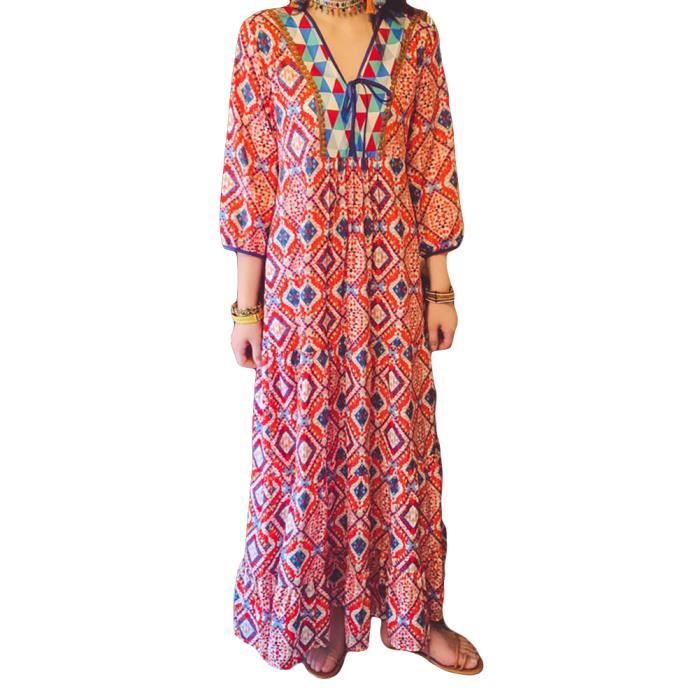 Femmes Robe Ethnique Robe Manches 3 4 Boho Hippie Robe Tunique Robe de Plage Retro Robes Col V Lache Robe de Vacances Pink Pink Cdiscount Pret a Porter