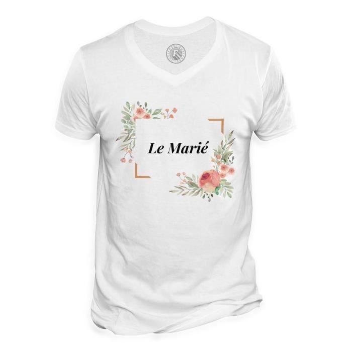 T-shirt Homme Col V Le Marié Mariage Fiancé Cadre Floral