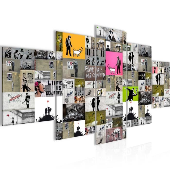 Quadro Murale Banksy Collage XXL 200x80 Cm - 5 Pezzi, Stampa Su Tessuto Non Tessuto, Made In Germany - 2