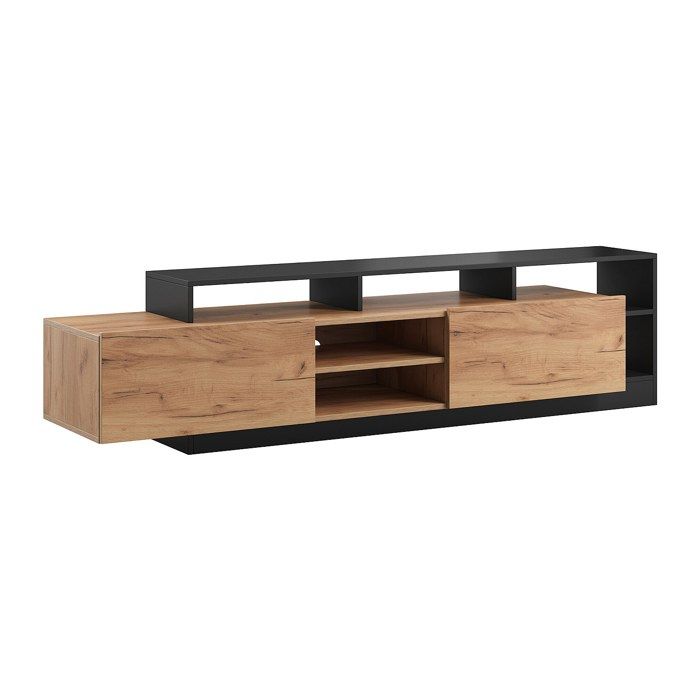 Meuble TV 2 portes et 6 niches avec LEDs - Naturel clair et Anthracite - IDESIA