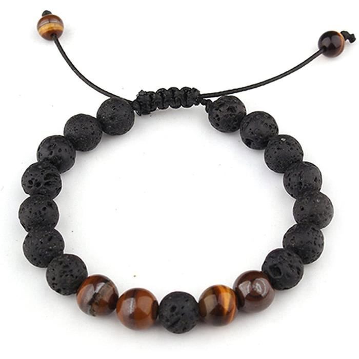 Bracelet Homme/Femme En Pierre Volcanique Naturelle 8 Mm – Perles Noires Avec Totem Dragon – Élastique, Style Chinois
