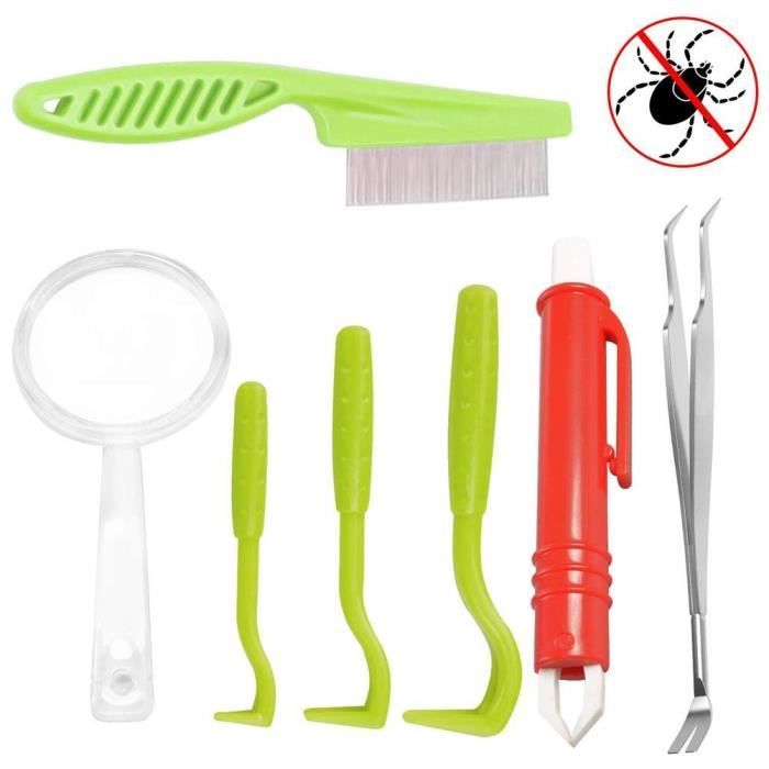 Comparer les prix de Vvikizy Ensemble de 7 Outils Anti-tiques pour Chien Chat - Crochet Anti-tiques Pince à Tiques Brosse Anti-puces Loupe