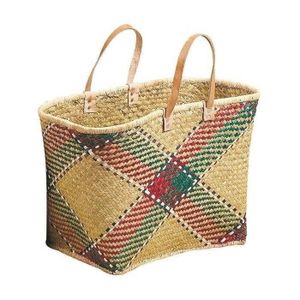 Cabas En Palmier Avec Poignées Et Bord En Cuir – Taille Environ 45 Cm De Long, Style Naturel Et Ethnique