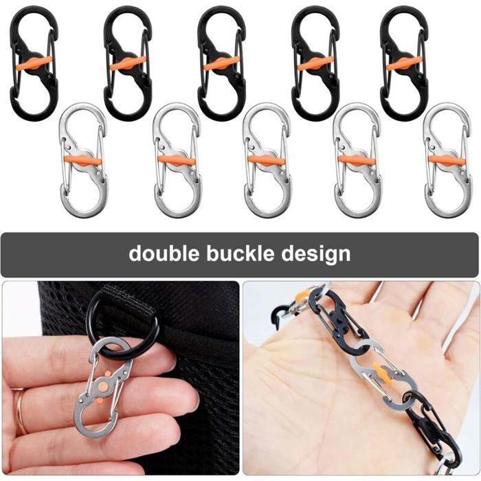 Lot De 10 Mousquetons à Vis Inox En S – Mini Porte-clés, Double Boucle, Curseur Orange, Pour Camping Et Randonnée