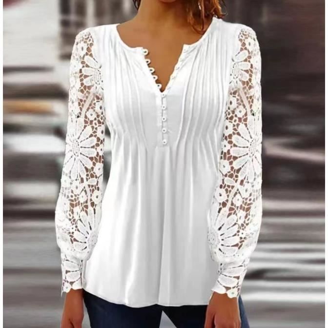 Tunique Blouse Femme Sexy Chic Manches Longues Dentelle Col V Imprime Automne blanche Cdiscount Pret a Porter