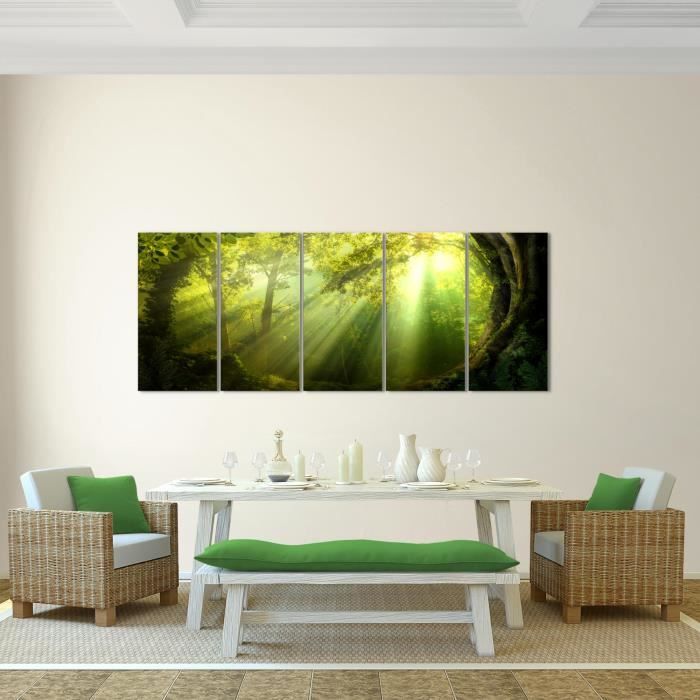 Runa Art Tableau Forêt 5 Parties 200x100cm - Toile Tissée Brouillard Bleu Décoration Murale XXL