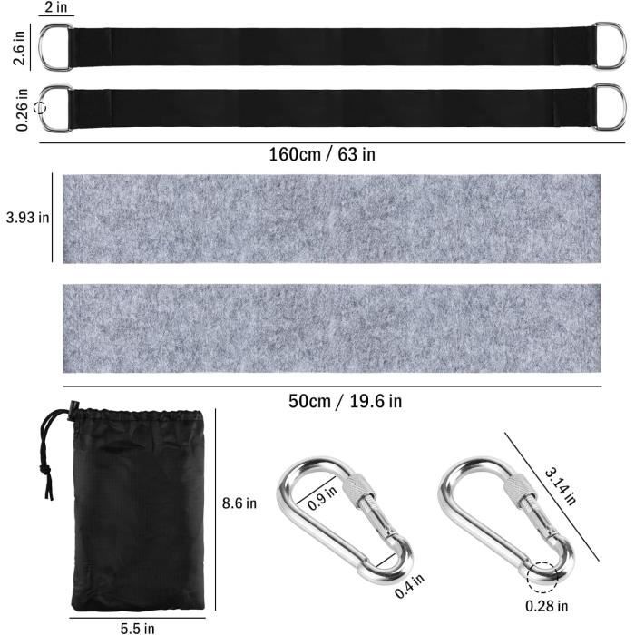 JIZZU Fixation Balançoire 40 Cm - Lot De 2 Sangles Hamac Avec Mousquetons Et Protections Arbre, Charge 200 Kg, Polyester Renforcé, Pour Balançoire Jardin, Hamac Ou Siège Suspendu