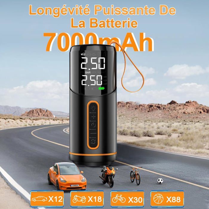 Gonfleur Pneus Sans Fil 7000mAh - 150 PSI - Rapide & Portable - Avec écran LED Et Arrêt Auto