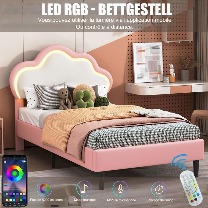 Lit capitonné, 90 x 200 cm, avec LED, tête de lit en forme de nuage, effet flottant, lit pour enfant/adolescent, en tissu velours, rose/beige, pour filles et garçons, sans matelas