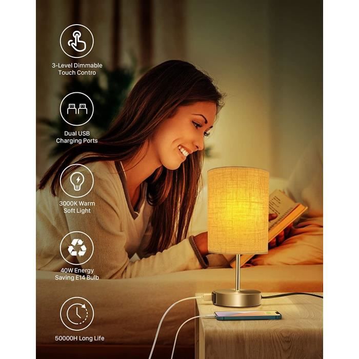 2 Pcs Lampe de Chevet Tactile, Lampe de Table Enfant avec 2 Ports USB Blanc  Chaud 3 Intensité Lumière Veilleuse Enfant inclure A595 - Cdiscount Maison