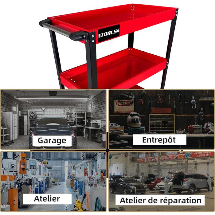 DURHAND Chariot Atelier 3 Niveaux + Tiroir – Servante D'Atelier Bleu 82 X 35 X 76 Cm – Porte-Outils Latéral & Roues Freinées