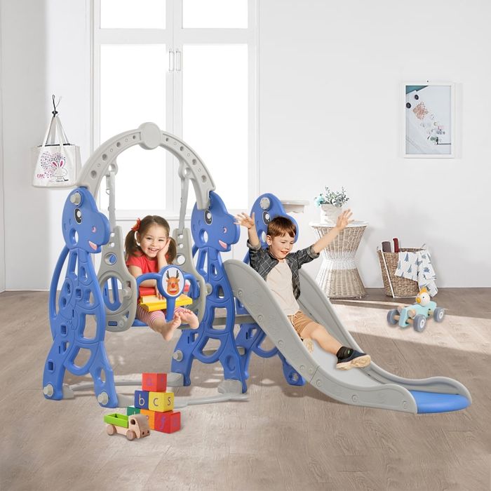 Aire De Jeux 4 En 1 - Convient Pour L'intérieur Et L'extérieur - Avec Balançoire - Panier De Basket Toboggan Echelle Bleu 83663552