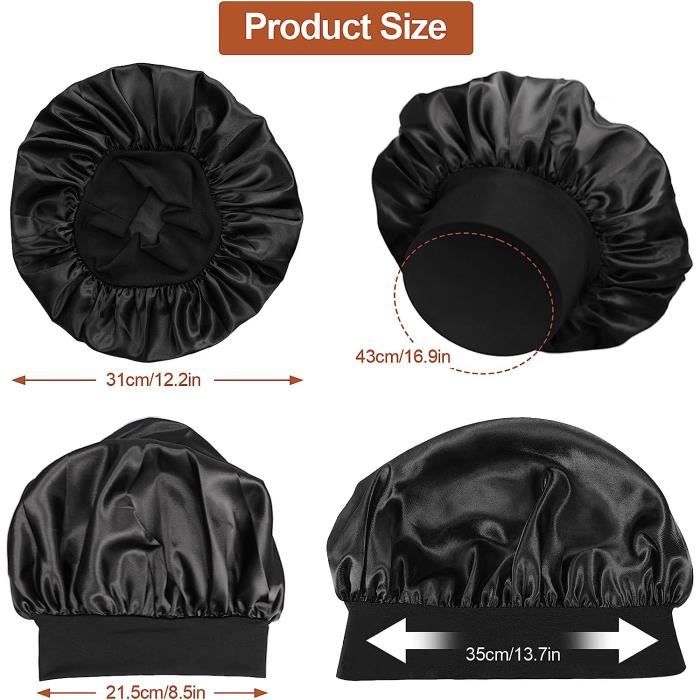 Grand Bonnet Satin Nuit Long + 2 Chouchous Soie – Protection Cheveux Bouclés Et Longs (Noir)