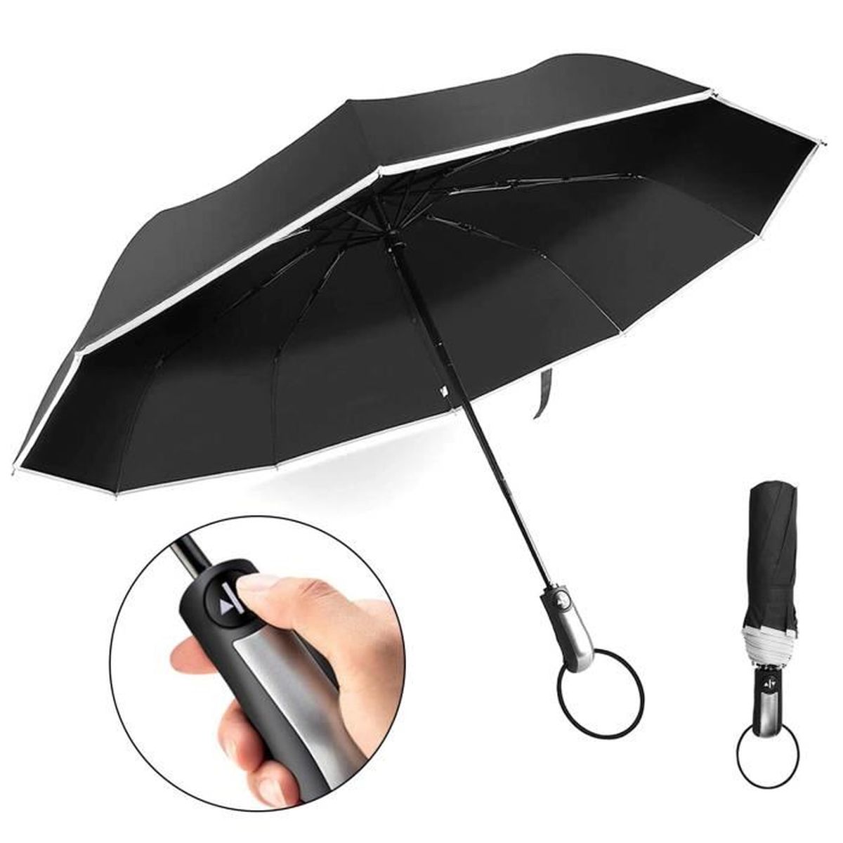 Parapluie invers/é coupe-vent de voyage parapluie automatique pliable compact pour ouverture et fermeture automatique noir