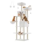 FEANDREA Arbre à Chat, Hauteur 206 cm, avec 13 Griffoirs, 2 Plate-forme, 2 Niches, Panier, Hamac, Pompon, Blanc Crème