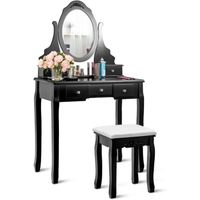 RELAX4LIFE Coiffeuse Table de Maquillage avec Miroir Rond, 5 Tiroirs et Tabouret en Coussin Doux, Pieds en Bois de Pin, Noir