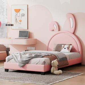 STRUCTURE DE LIT Lit rembourré lit d'enfant avec base à lattes et dossier, lit de fille en forme d'oreille de lapin, pieds surélevés, rose